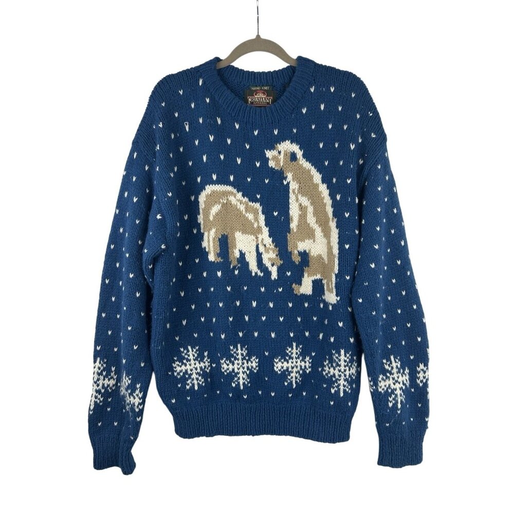 VINTAGE HAND KNIT GREATLAND APPAREL LARGE BLUE POLAR BEAR PULLOVER SWEATER